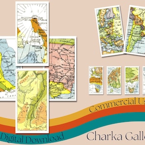 Cartões de cigarro para impressão "Atlas escolar moderno" (conjunto 1), folha de colagem de mapas vintage, cartões ATC, adesivos de mapas, diário de lixo, álbum de recortes