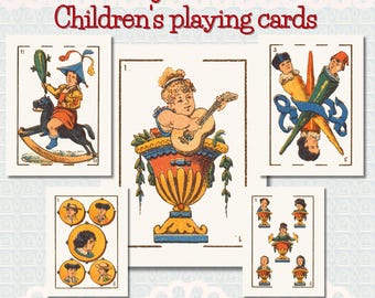 Antique Spanish Children's Playing Cards 1890 • Baraja Infantil Madrid Deck • 41 Large Printable Art Prints • Victorian Kids Illustration