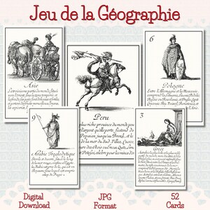 Könnte beinhalten: Ein Vintage-Kartenspiel namens "Jeu de la Géographie" mit Illustrationen verschiedener Regionen. Die Karten zeigen Szenen aus Asien, Peru, Polen, Griechenland und Arabien, mit detaillierten Textbeschreibungen. Das Spiel enthält 52 Karten.