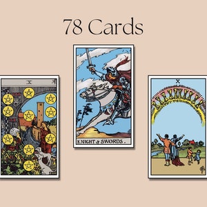 May include: Three tarot cards, the Ten of Pentacles, the Knight of Swords, and the Ten of Wands. The Ten of Pentacles card shows a family standing in front of a house with a rainbow arch above them. The Knight of Swords card shows a knight riding a white horse with a sword in his hand. The Ten of Wands card shows a person carrying a bundle of sticks on their back.