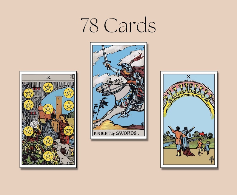 May include: Three tarot cards, the Ten of Pentacles, the Knight of Swords, and the Ten of Wands. The Ten of Pentacles card shows a family standing in front of a house with a rainbow arch above them. The Knight of Swords card shows a knight riding a white horse with a sword in his hand. The Ten of Wands card shows a person carrying a bundle of sticks on their back.