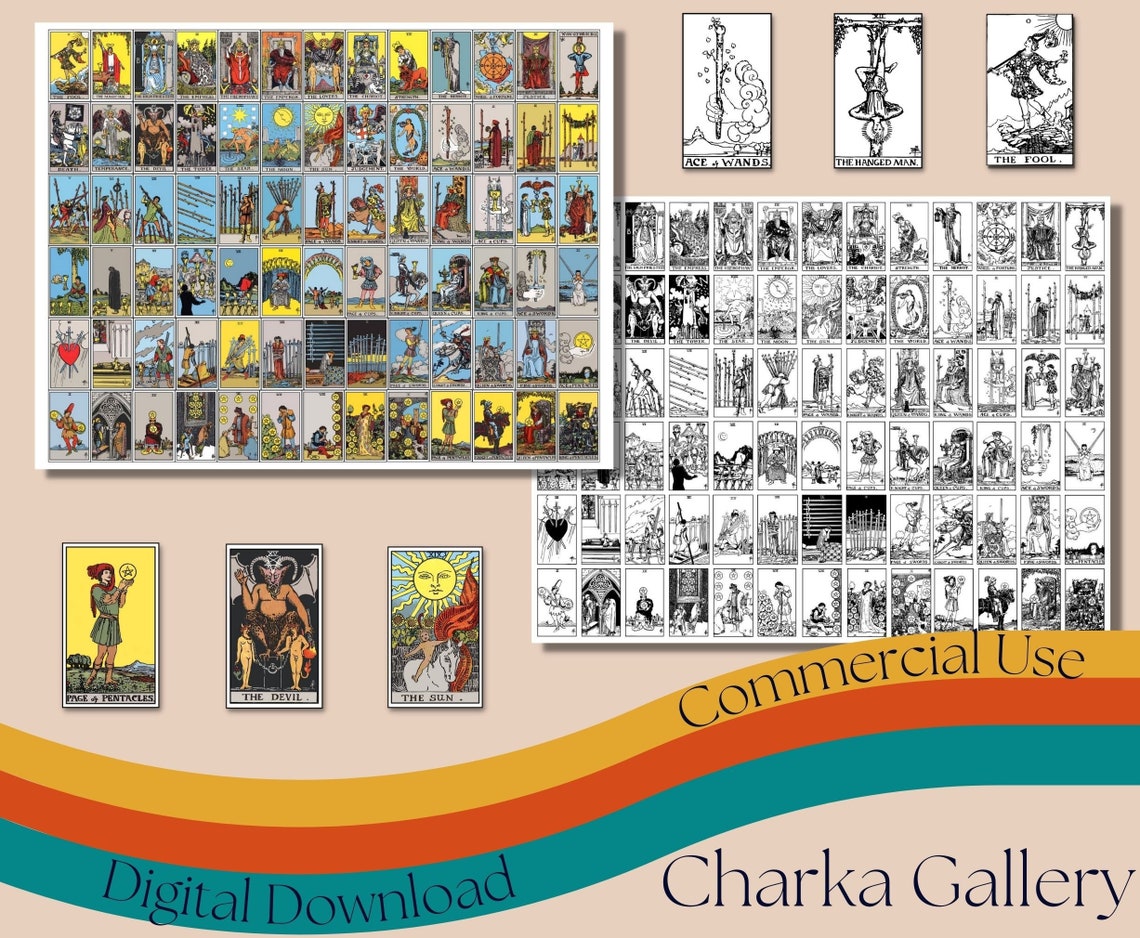 Printable Mini Tarot Card Deck Stickers, Black &amp; White and Color Rider ...
