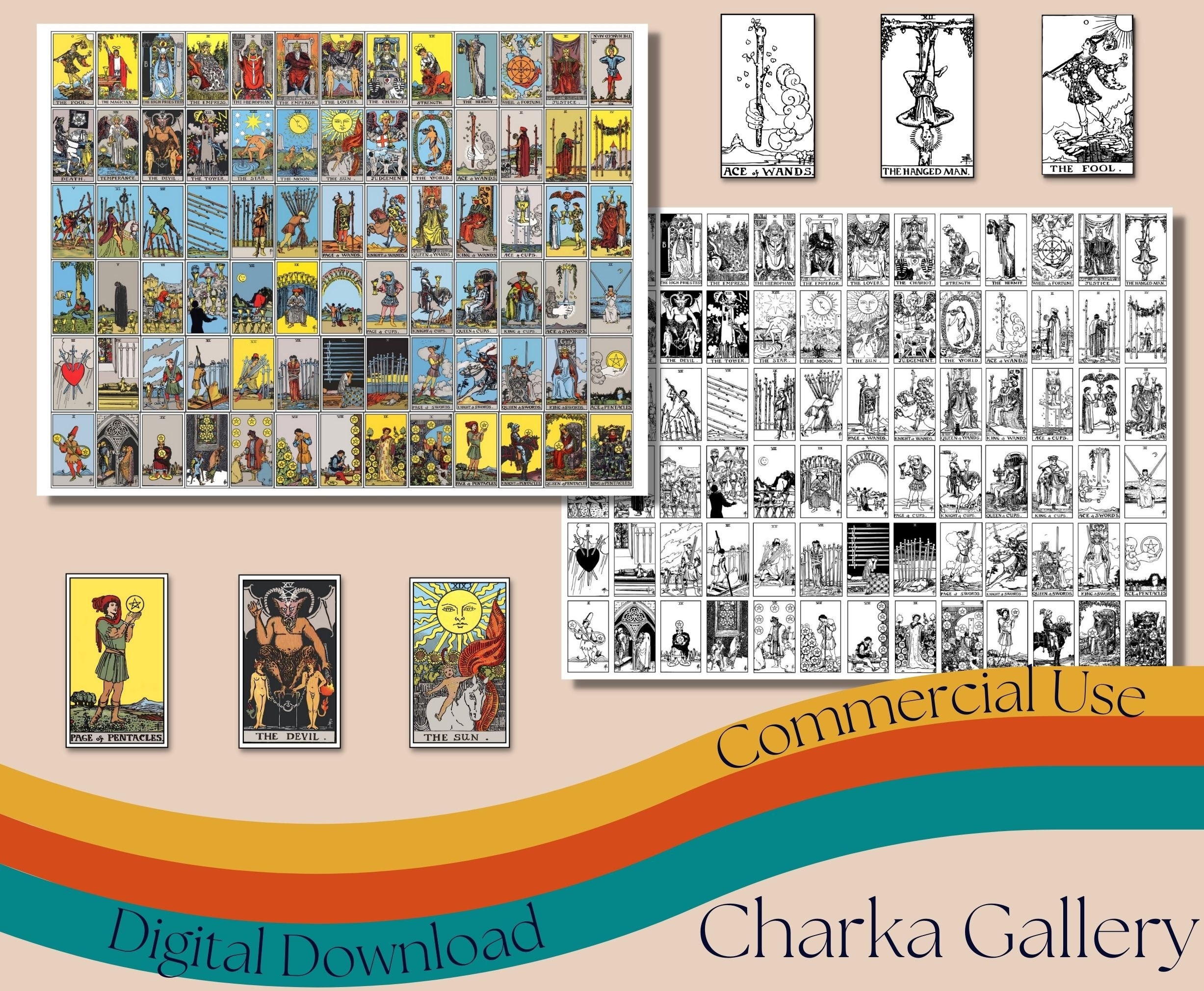 Printable Mini Tarot Card Deck Stickers, Black &amp; White and Color Rider ...