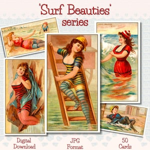 Może przedstawiać: Kolekcja zabytkowych pocztówek zatytułowanych 'Surf Beauties' z ilustracjami kobiet w strojach kąpielowych. Kartki przedstawiają kobiety w różnych sceneriach plażowych, w tym pływające w oceanie i opalające się. Tekst zawiera 'Digital Download', 'JPG Format' i '50 Cards'.