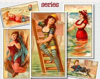 Antique Victorian Surf Beauties Cigarette Cards 1889 • Kinney Tobacco N232 Complete Set of 50 • Vintage Beach Fashion Ephemera