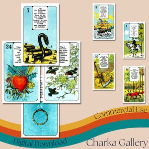Cartões de leitura da sorte Lenormand alemão imprimíveis, folha de colagem de cartões de adivinhação vintage, álbum de recortes, diário de lixo, uso comercial