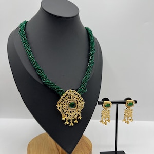 Mini green Hydro Potey Necklace | AD Pendant with Earrings | Gold Plated Jewellery Set | Traditional Indian/nepali Necklace