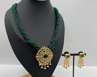 Mini green Hydro Potey Necklace | AD Pendant with Earrings | Gold Plated Jewellery Set | Traditional Indian/nepali Necklace
