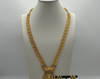Gold Plated Temple Jewellery Necklace Set South Indian Bridal Jewelry Ethnic Jewelry Antique Gold Necklace Earrings Set gift for her