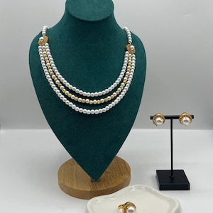 Layered Gold Plated Pearl Necklace Set | Matching Earrings and Adjustable Ring | Royal & Elegant Jewellery for Women