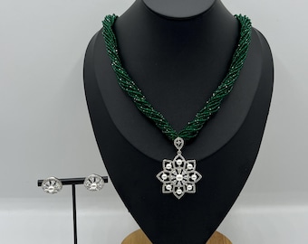 Hydro Potey Necklace Set Gold Plated Indian Nepali Jewellery with AD Pendant and Matching Earrings teej jewellery gift for her