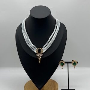 Three Layered Gold Plated Pearl Necklace and Earrings Set Teej Jewellery Gift for Her South Asian Bridal Jewellery Nepali jewellery