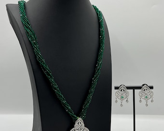 Long green Hydro Potey Necklace Set with AD Pendant Traditional Beaded Jewellery Wedding Necklace set gift for her Nepali Ad jewellery