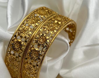 Traditional Gold Plated Bangle Set Floral Design Kada Style Indian Bridal Jewellery Gold Finish Bangles gift for her Nepali jewellery