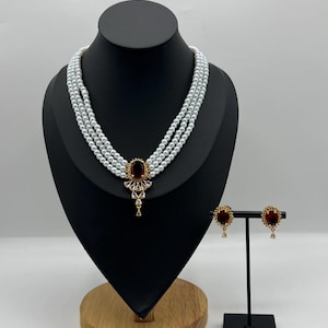 Three Layered Gold Plated Pearl Necklace and Earrings Set Teej Jewellery Gift for Her South Asian Bridal Jewellery Nepali jewellery