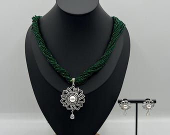 Hydro Potey Necklace Set Gold Plated Indian Nepali Jewellery with AD Pendant and Matching Earrings teej jewellery gift for her