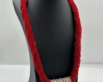 AD and gold—plated Maili Tilhari in red Hydro Potey Necklace – Traditional Nepali Jewellery