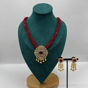 Mini Red Hydro Potey Necklace | AD Pendant with Earrings | Gold Plated Jewellery Set | Traditional Indian/nepali Necklace