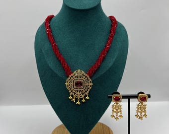 Mini Red Hydro Potey Necklace | AD Pendant with Earrings | Gold Plated Jewellery Set | Traditional Indian/nepali Necklace