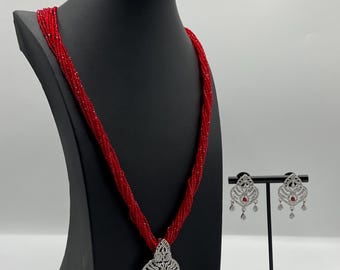 Long Red Hydro Potey Necklace Set with AD Pendant | Traditional Beaded Jewellery | Wedding Necklace for Women | Ethnic Necklace Set