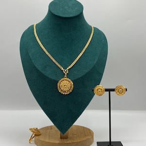 Gold Plated Chain with Pendant, Earrings, and Adjustable Ring | Elegant Jewellery Set for Daily Use | lightweight necklace set