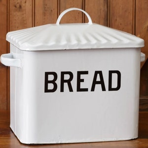 White enamel breadbox with black lettering