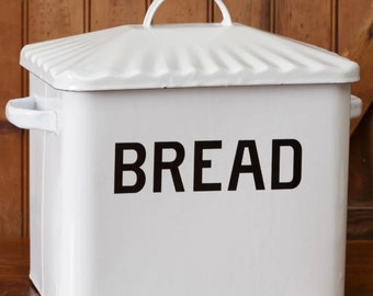 White enamel breadbox with black lettering