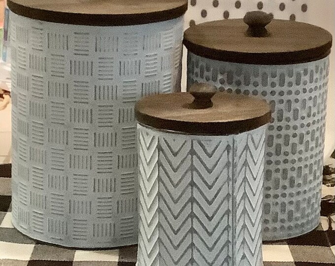 Geometric Nested Embossed Metal Canisters Etsy