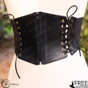 Medieval Renaissance Underbust Corset, Gothic Pirate Lace up Corset, Steampunk PU Leather Corset, Ren Faire Black Wide Waist Y2k Corset Belt