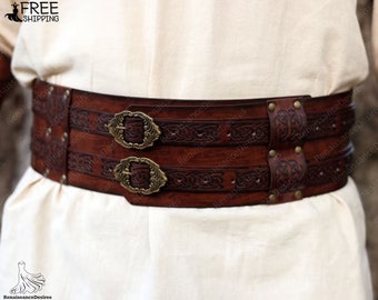 Viking Medieval Leather Belt, Steampunk Larp Waist Wide Belt, Renaissance Pirate Gothic Mens Belt, Vintage Fantasy Knight Cosplay Elf Belt