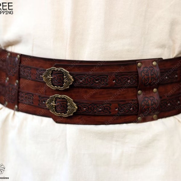 Viking Medieval Leather Belt, Steampunk Larp Waist Wide Belt, Renaissance Pirate Gothic Mens Belt, Vintage Fantasy Knight Cosplay Elf Belt
