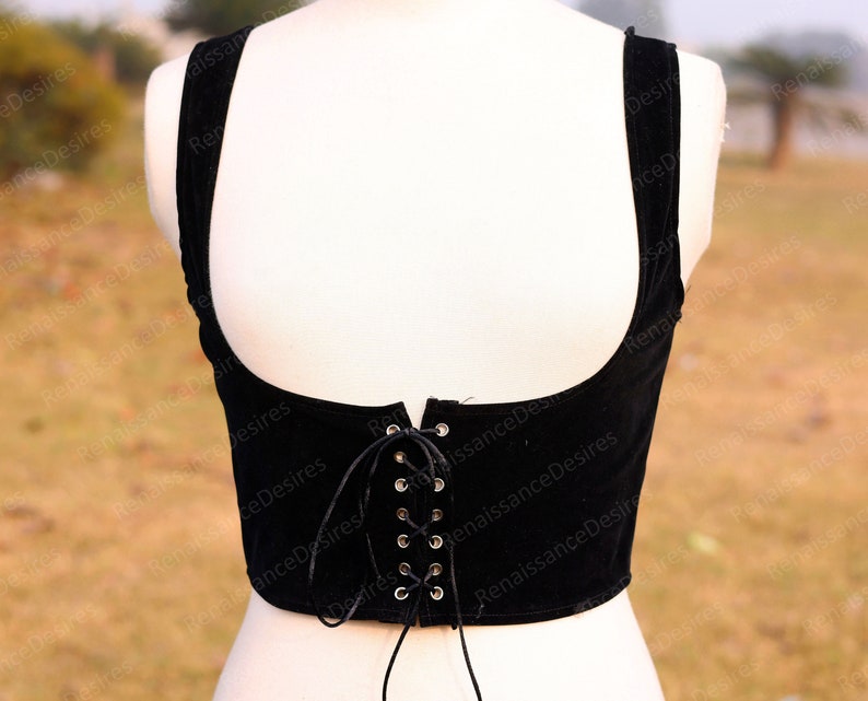 Renaissance Gothic Black Corset, Medieval Underbust Lace up Corset, Ren Faire Cupless Corset Top, Retro Strappy Cosplay Corset for Womens image 4