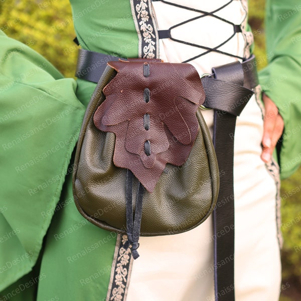 Medieval Belt Bag, Ren Faire Elven Leaf Goth Leather Bag, Renaissance Steampunk Larp Belt, Fantasy Cosplay Pirate Waist Belt Pouch For Her