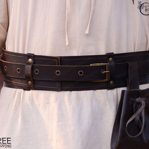 Renaissance Viking Goth Belt Bag, Medieval Pirate Leather Belt, Ren Faire Viking Larp Bag, Fantasy Steampunk Cosplay Wide Waist Belt Pouch