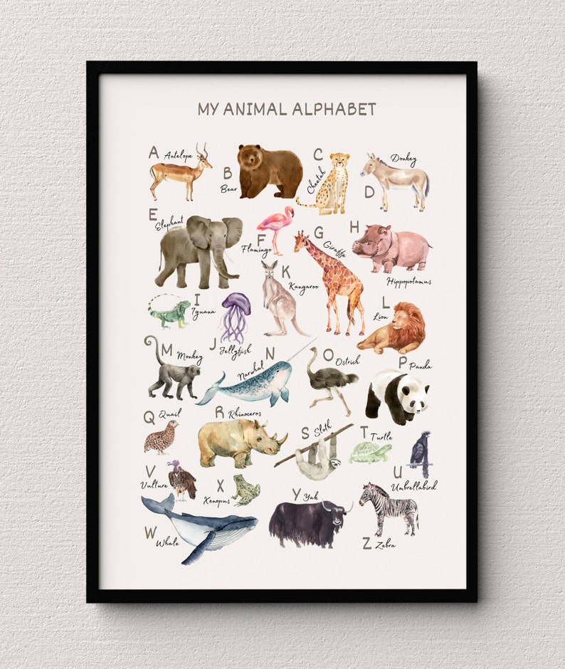 Animal Alphabet Art, Printable Alphabet Poster, AZ Animal Species, Educational Illustration