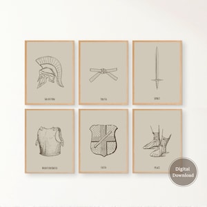 Full Armor of God, 6 DIGITAL PRINTS, Ephesians 6:13-17, Bible Print, Bible Poster, Armor of God, Bible Verse Print, Beige | Minimalist