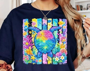 Camiseta de tortuga marina arcoíris, camiseta colorida con estampado playero, camiseta de regalo para amantes de la playa con temática de animales marinos y costeros de verano para hombres y mujeres.