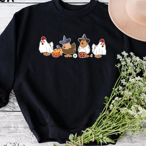 Funny Halloween Chicken Sweatshirt: Witch Hat Pumpkin Tee