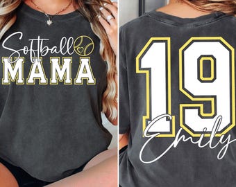 Comfort Colors® Softball Mama Shirt, Custom Name Shirt, Front and Back Sports Mom Tee, Game Day Mama Shirt, Softball Mom Support Shirt