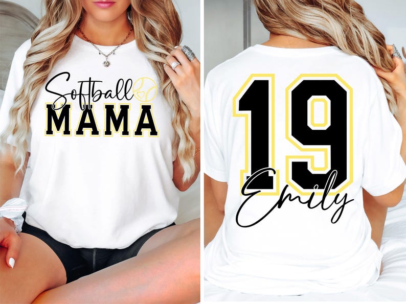 Camiseta Comfort Colors® para mamás de jugadoras de sóftbol, camiseta personalizada con nombre, camiseta para mamás deportistas con diseño anverso y reverso, camiseta para mamás en el día del partido, camiseta de apoyo para mamás de jugadoras de sóftbol imagen 3
