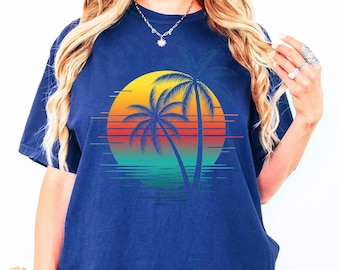 Comfort Colors® Sunset Beach Shirt, Palm Tree Shirt, Summer Vacation Shirt, Tropical Graphic Tee, Retro Sunset Shirt, Beach Lover Gift,Ocean