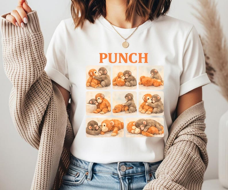A woman wearing a white t-shirt with a graphic design of multiple teddy bears in various poses.