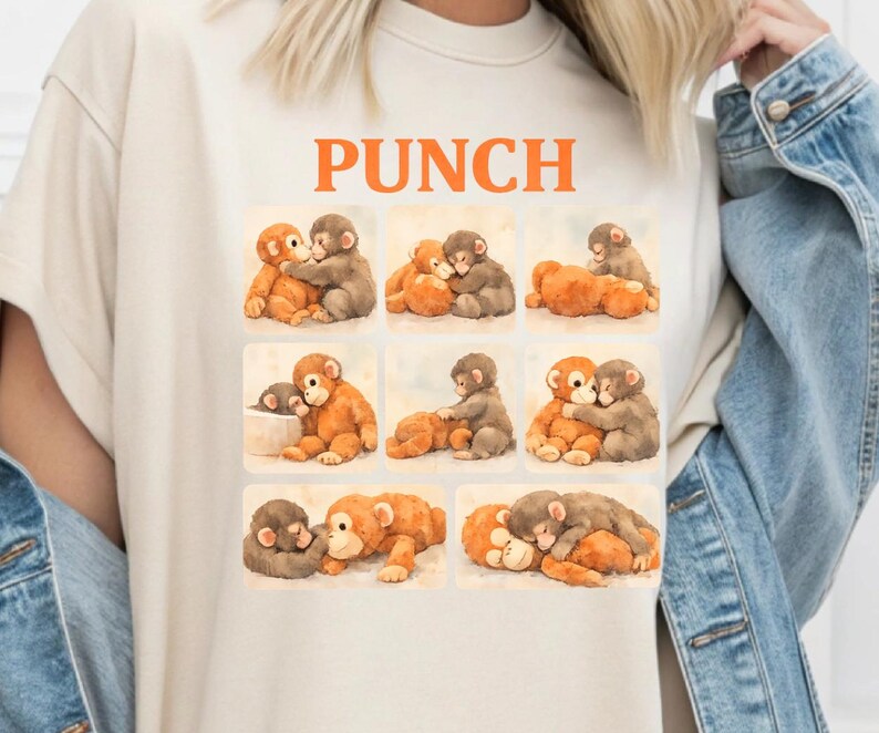 A person wearing a white t-shirt with a collage of images depicting various monkey interactions, including hugging, kissing, and playing.