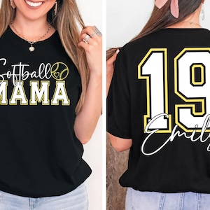 Camiseta Comfort Colors® para mamás de jugadoras de sóftbol, camiseta personalizada con nombre, camiseta para mamás deportistas con diseño anverso y reverso, camiseta para mamás en el día del partido, camiseta de apoyo para mamás de jugadoras de sóftbol imagen 2