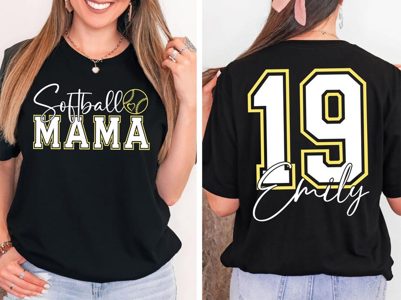 Camiseta Comfort Colors® para mamás de jugadoras de sóftbol, camiseta personalizada con nombre, camiseta para mamás deportistas con diseño anverso y reverso, camiseta para mamás en el día del partido, camiseta de apoyo para mamás de jugadoras de sóftbol imagen 2