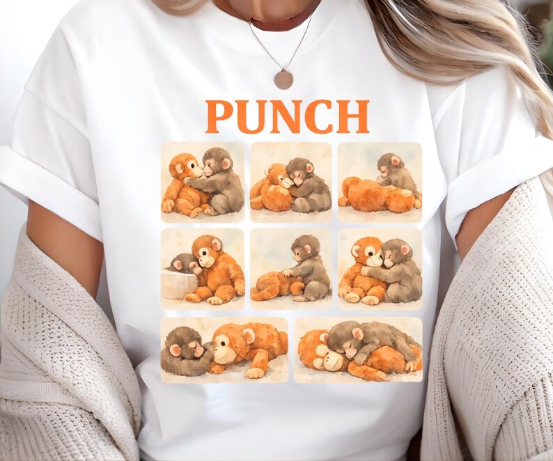A white t-shirt with a collage of nine images depicting various animals, including bears and elephants, in different poses and expressions.