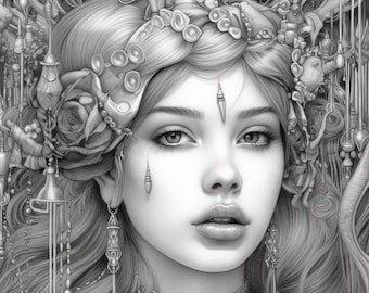 Jeweled Queen | Coloring Page | Coloring Book | Beautiful Girls | Greyscale | Adult Coloring | Realistic | Portrait | Download