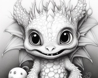 Cute Baby Dragons | Coloring Page | Coloring Book | Greyscale | Adult Coloring | Realistic | Portrait | Download