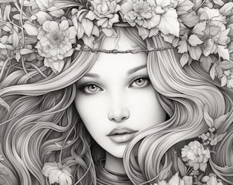 More Flower Girls! | Coloring Page | Coloring Book | Beautiful Girls | Greyscale | Adult Coloring | Realistic | Portrait | Download