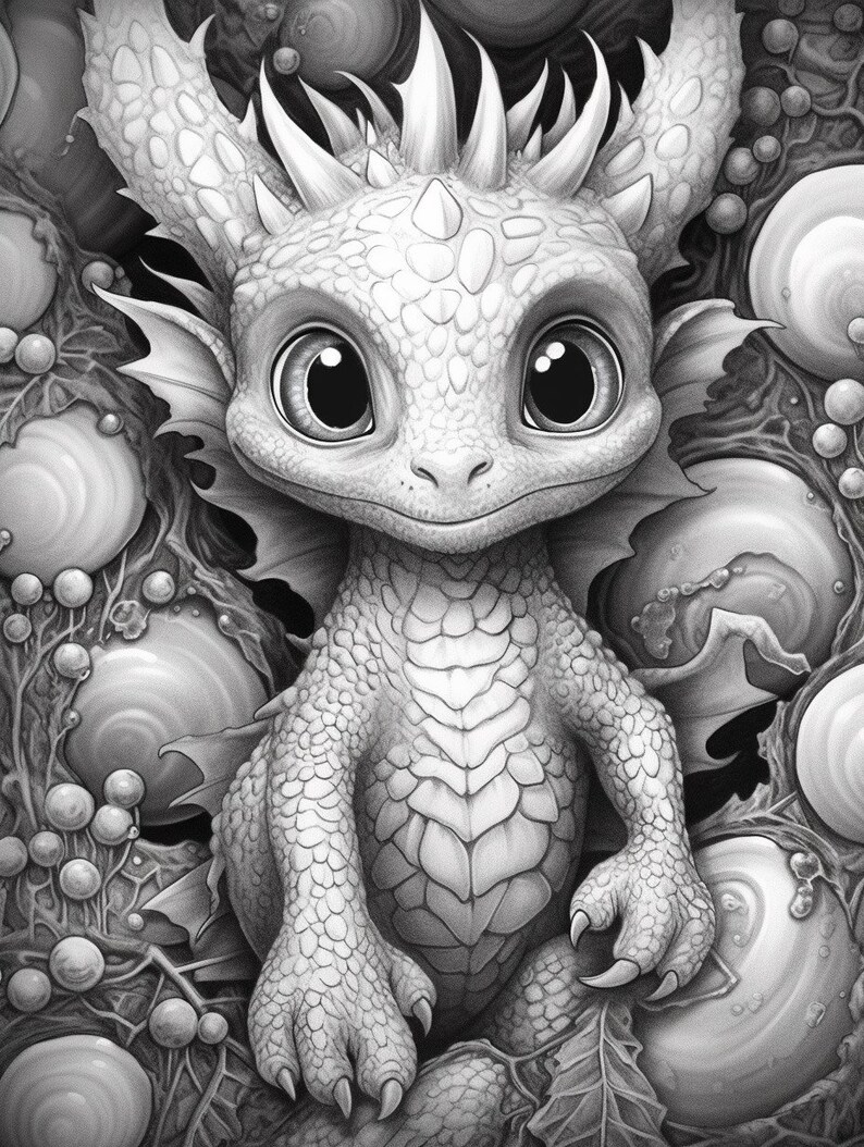 Cute Baby Dragons Coloring Page Coloring Book Greyscale Adult Coloring ...
